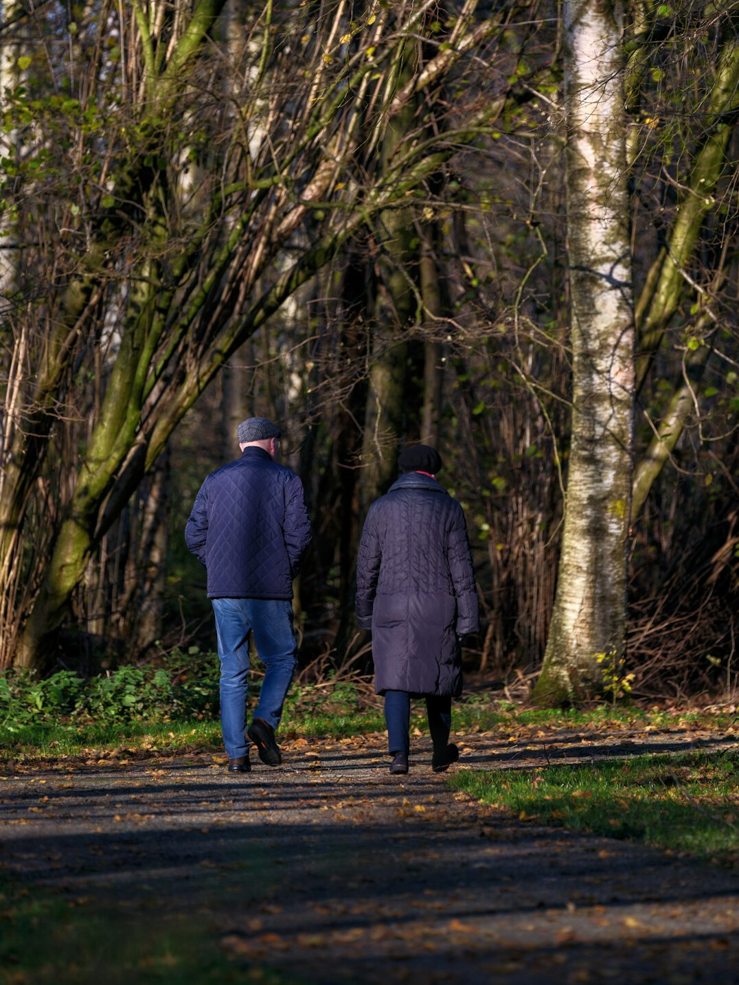 elderly couple walking in park